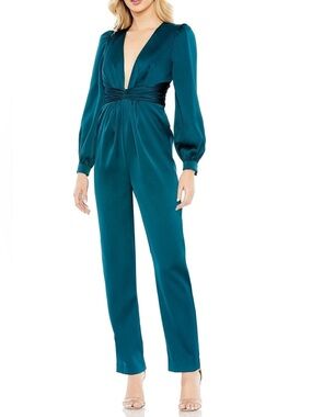 NWT Ieena for Mac Duggal Sz 6 Deep Teal Satin V-Neck Long-Sleeve Jumpsuit